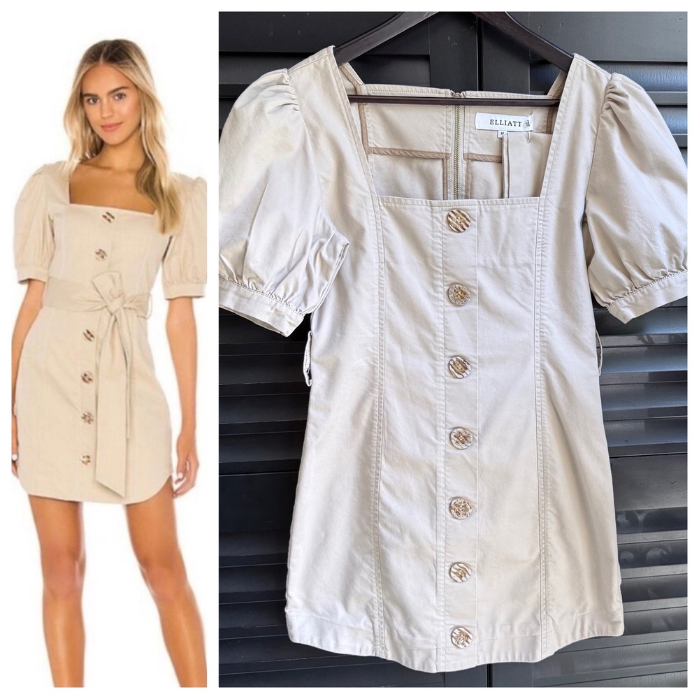 Khaki Belted Shirt Dress Revolve Elliatt Madeline Buttons Puff Sleeves Medium